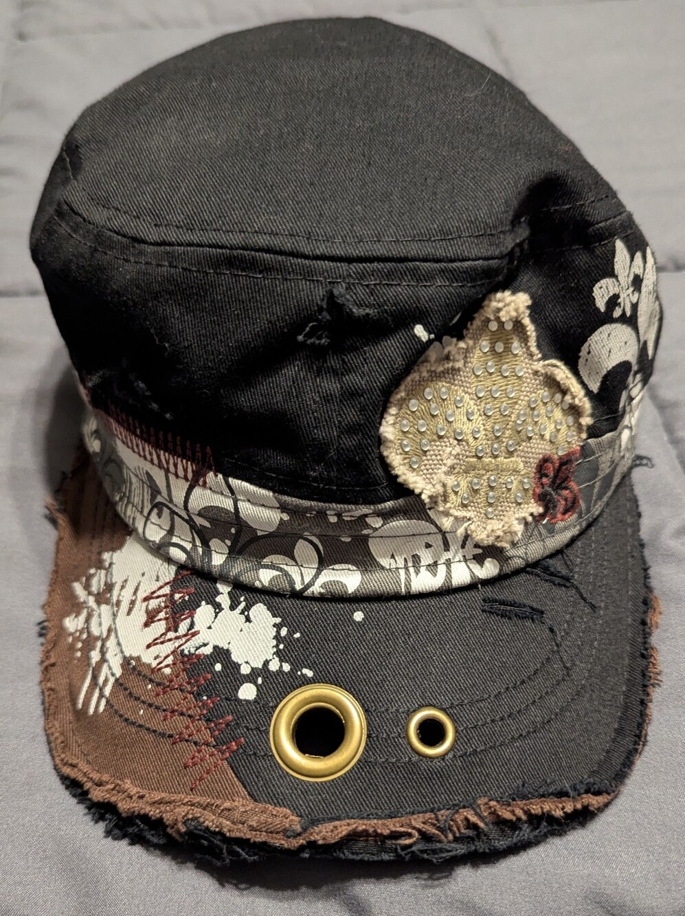 New Orleans Distressed Black Military-Style Cap with Embellished Heart